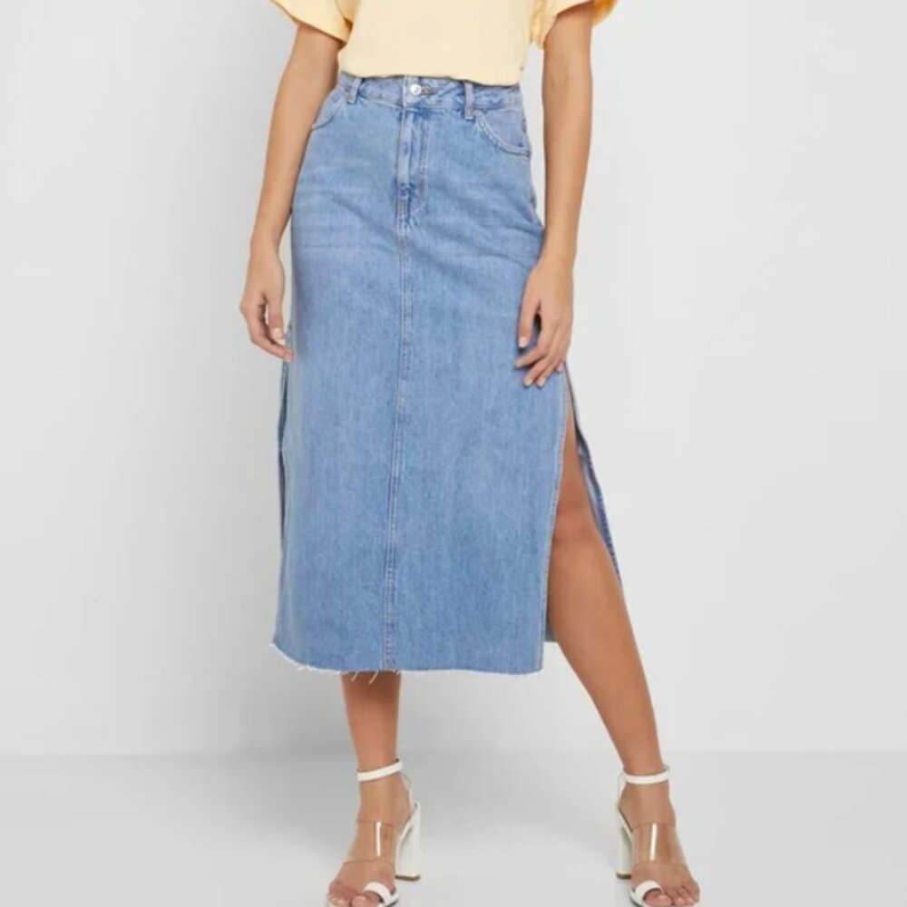Topshop Side Slit Denim Midi Skirt Size 4